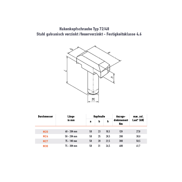 Hakenkopfschraube 72/48 - M20 x 40 mm - 46ZN