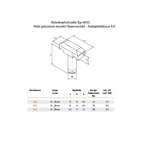 Hakenkopfschraube 40/22 K - M12 x 50 mm - 88ZN