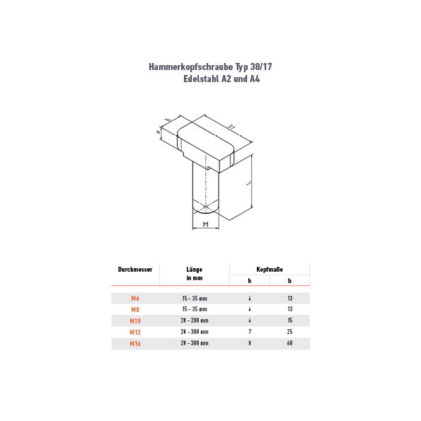 Hammerkopfschraube 38/17 - M8 x 20 mm - 46ZN