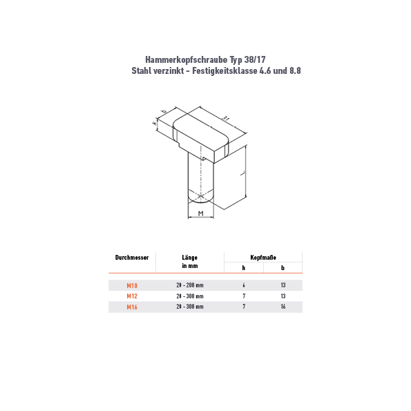 Hammerkopfschraube 38/17 - M8 x 20 mm - 46ZN