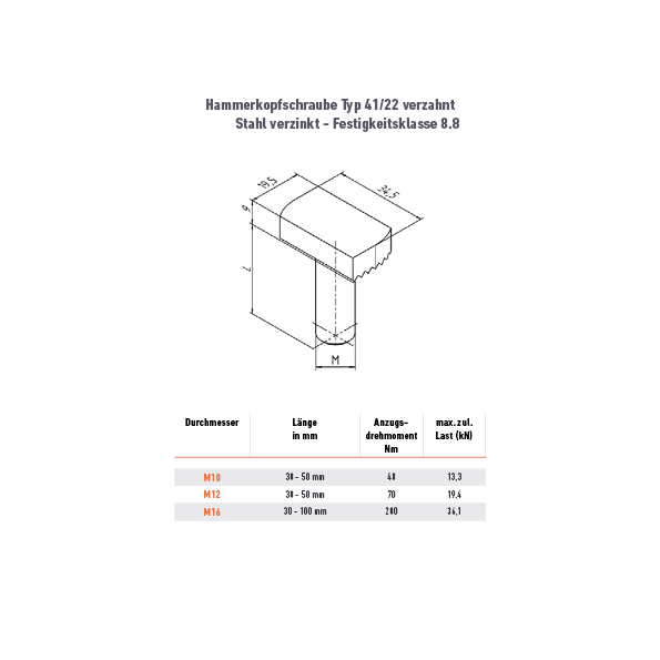 Hammerkopfschraube 41/22 Z - M8 x 30 mm - 88TZN