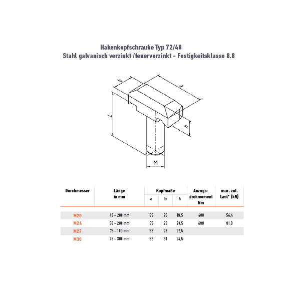 Hakenkopfschraube 72/48 - M20 x 40 mm - 46ZN